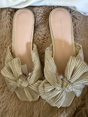 Loeffler Randall Gold Knotted Bow Slide Sandals